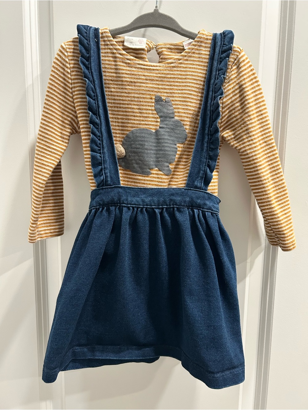 Wonder Nation Navy Pinafore Dress with Zara Mustard Striped Bunny Top